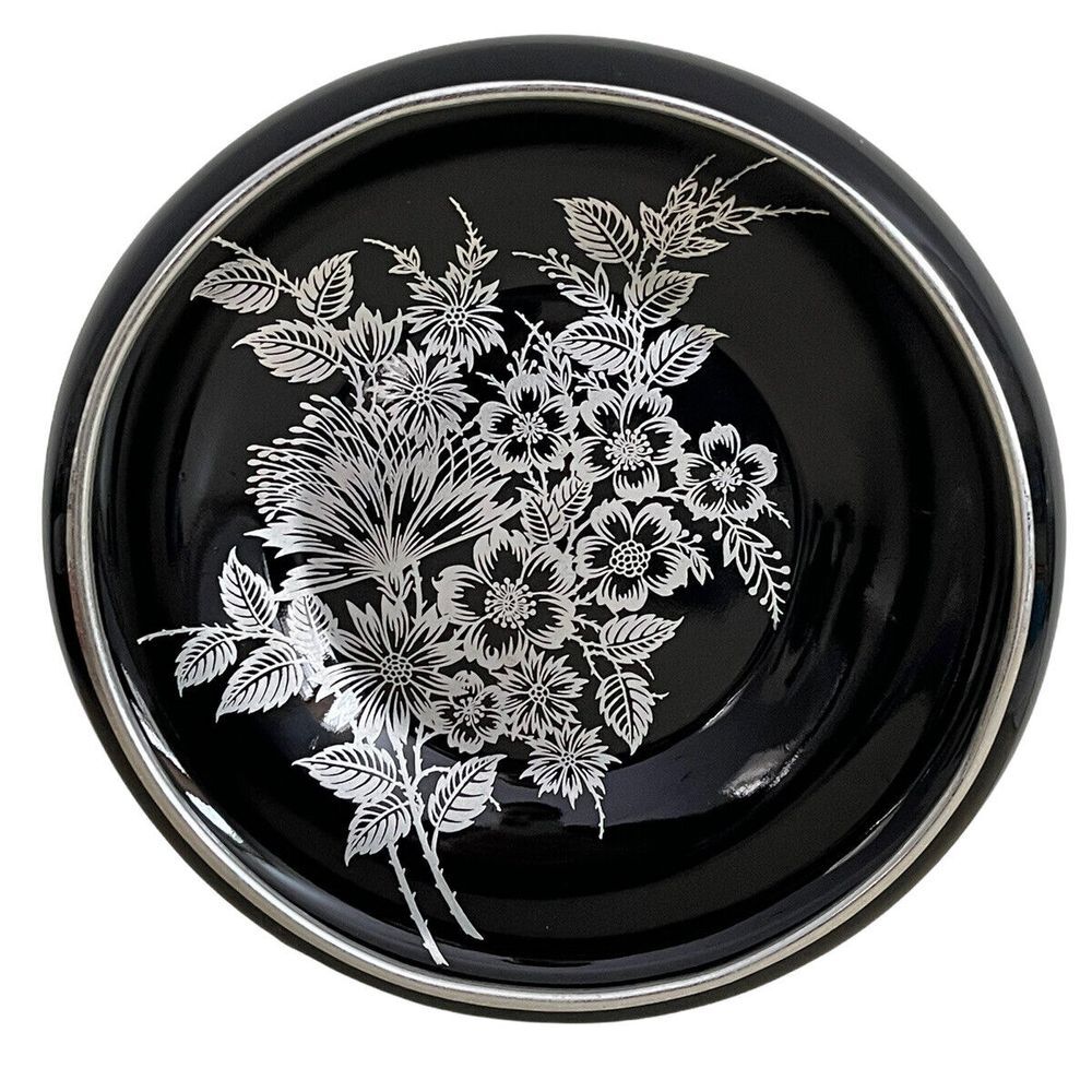 Gorgeous Vintage Art Deco Black Glass Silver Rim &‎ Floral Overlay Bowl